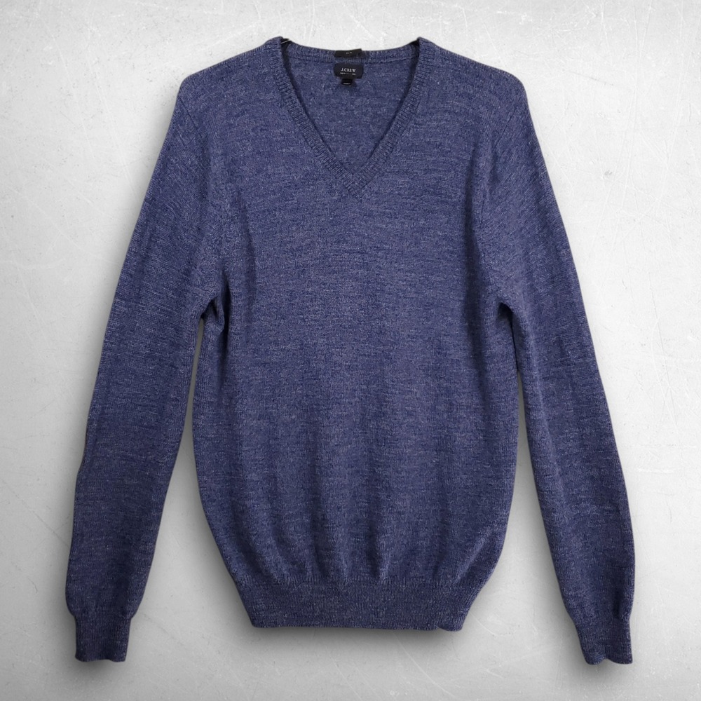 J Crew 100% Merino Wool V-Neck Sweater Men L Blue Elbow Patches Preppy Academic